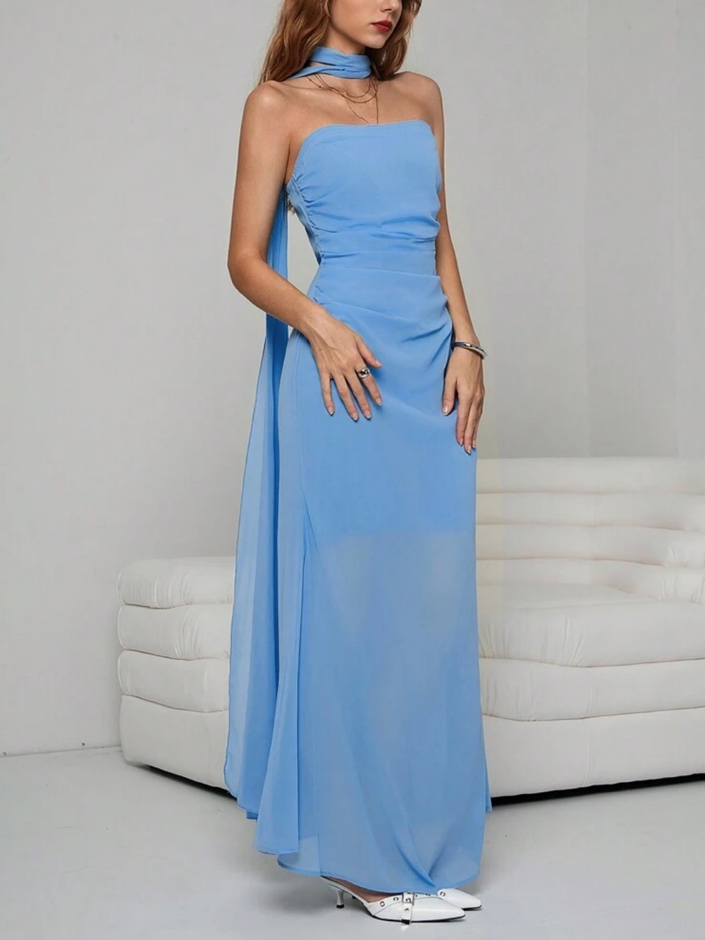SHEIN Light Blue Strapless Chiffon Evening Gown